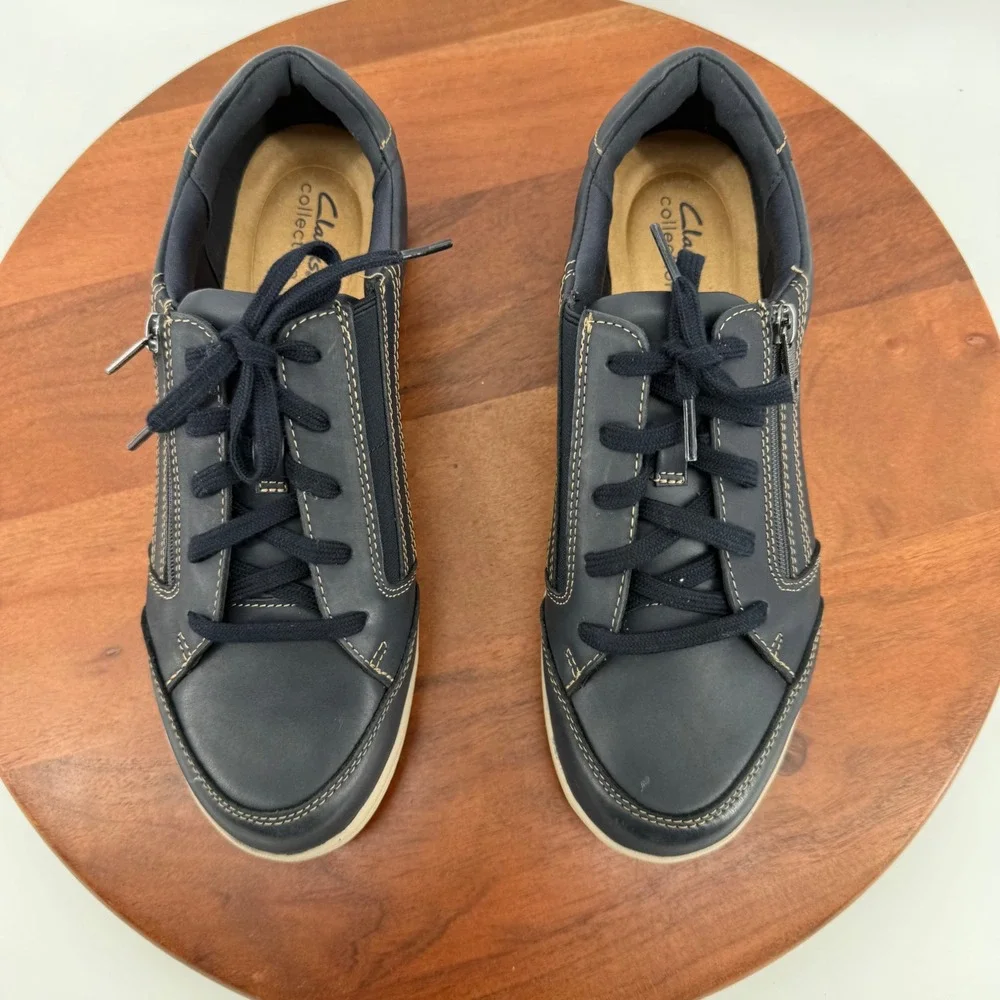 Clarks Collection Bryianne Bayla Navy Zip‎ Lace-Up Leather Sneakers Women's 11W